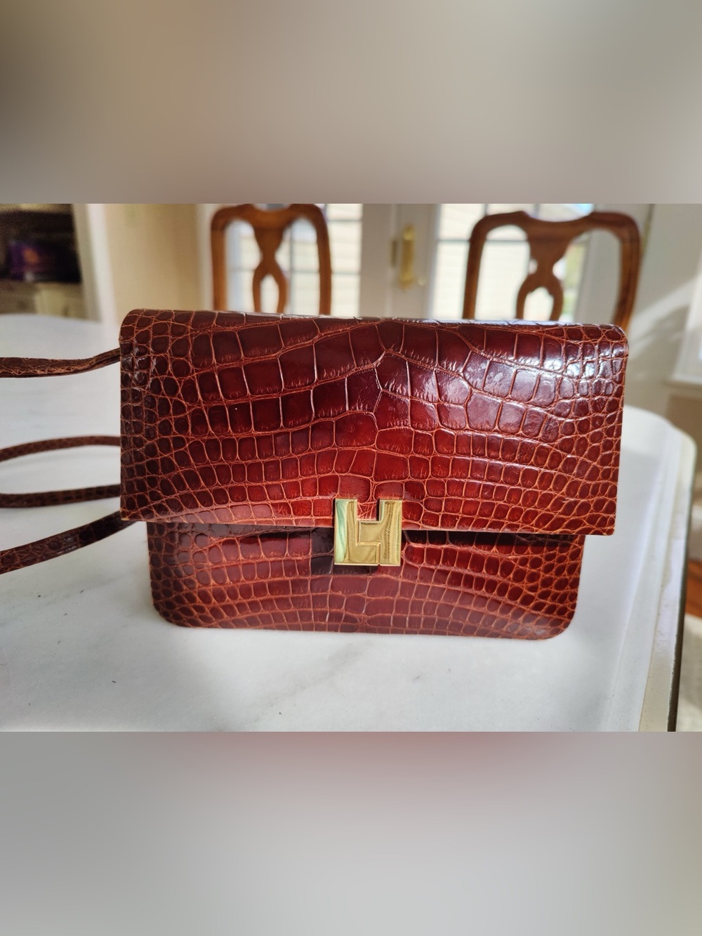 Authentic Lambertson Truex embossed crocodile leather crossbody/ cognac brown